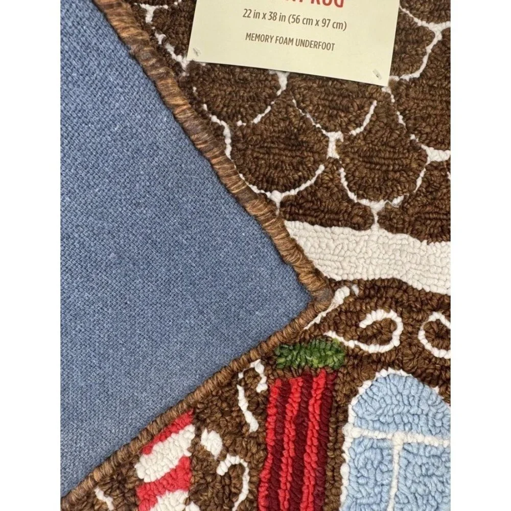 Christmas Gingerbread House Rug Hand Hooked Carpet Memory Foam Padding 22” x 38”